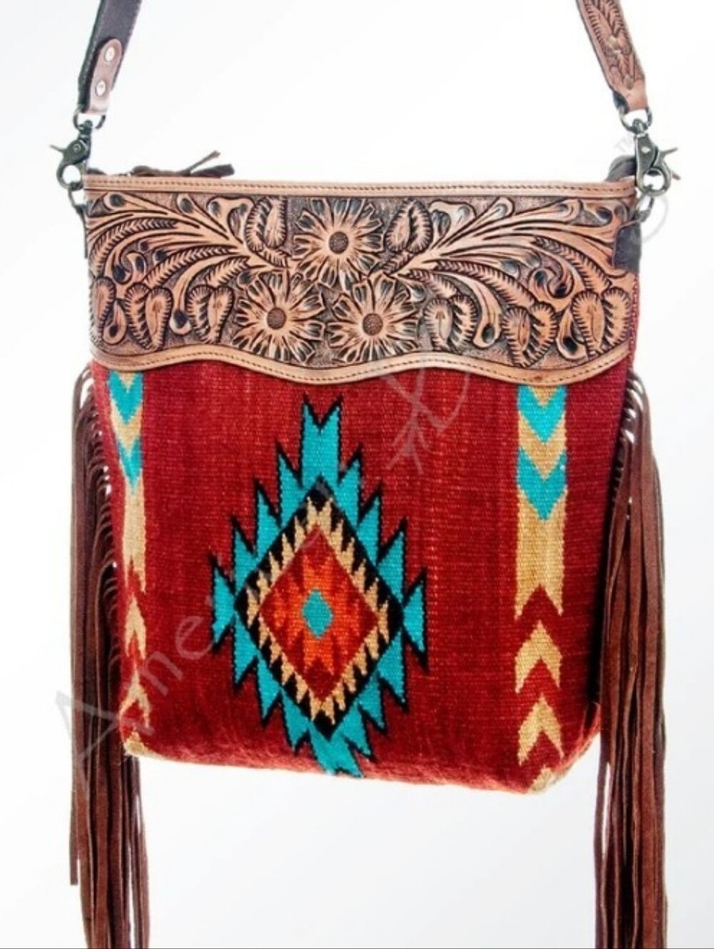 American Darling Atticus Woven Saddle Blanket Handtooled Leather Crossbody Bag